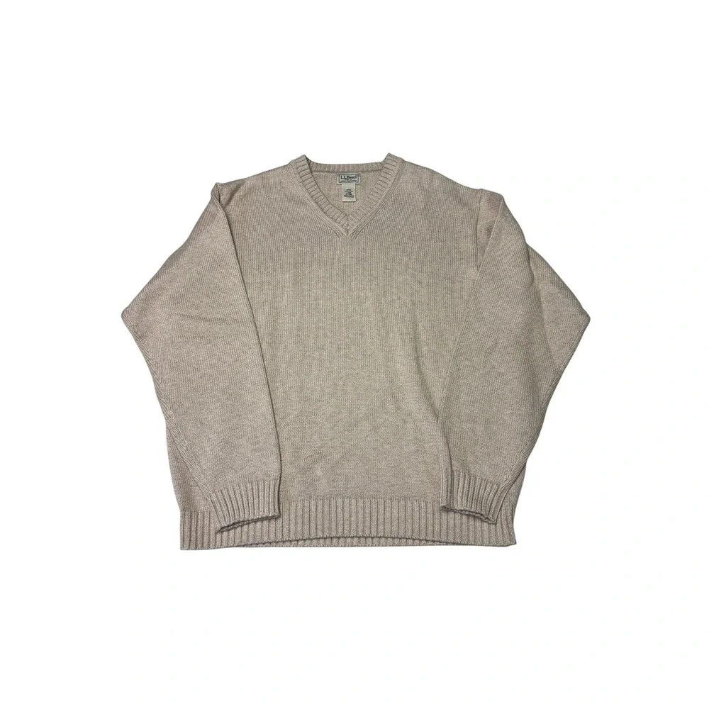 LL Bean Mens V-Neck Sweater Large Beige Oatmeal 100% Cotton Knit Pullover FW82